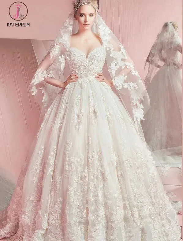 Vintage Princess Sleeveless Ball Gown Ivory Wedding Dress with Flowers and Beads KPW0091