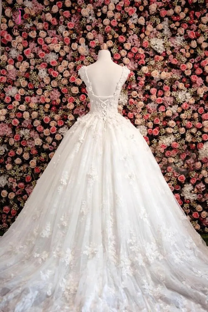 Vintage Princess Sleeveless Ball Gown Ivory Wedding Dress with Flowers and Beads KPW0091